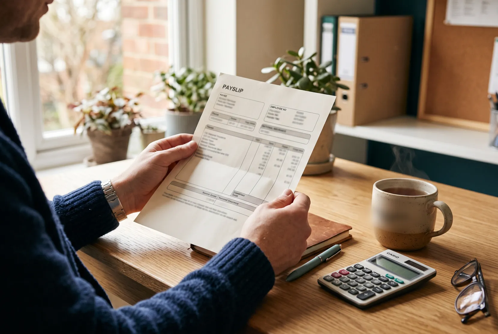 Person reading a printed payslip at a desk with a calculator and a mug of tea