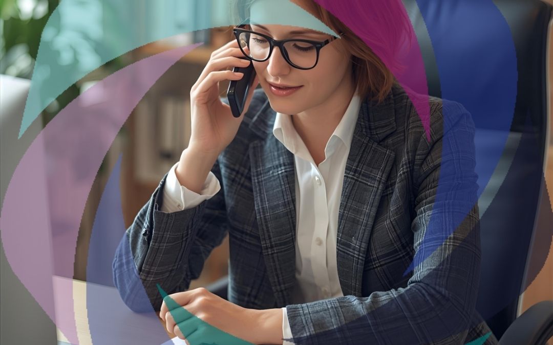 Professional woman on phone call making verbal job offer in UK office setting