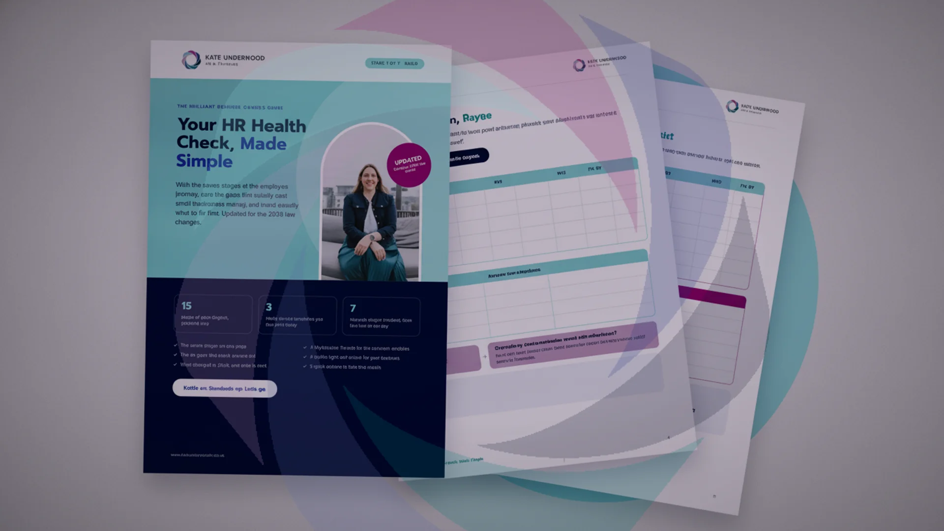 The cover with the seven-stage page and the scorecard template fanned out behind it.
Alt text: "Your HR Health Check, Made Simple guide, with its seven-stage page and scorecard template.