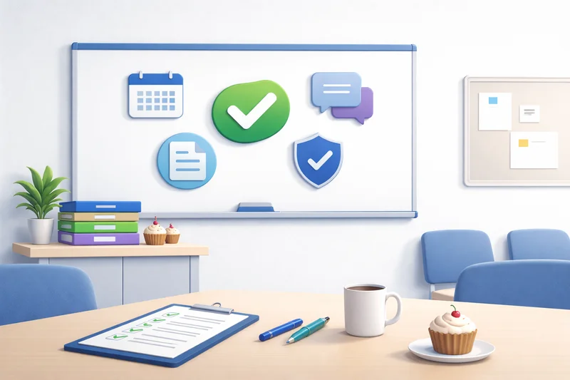 Compliance planning whiteboard with calendar, checklists, and coffee